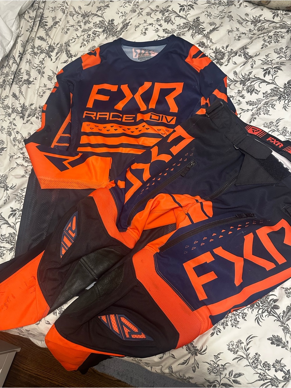 FXR Race Division Navy, black and Orange MX Set Jersey men’s large, pants 34